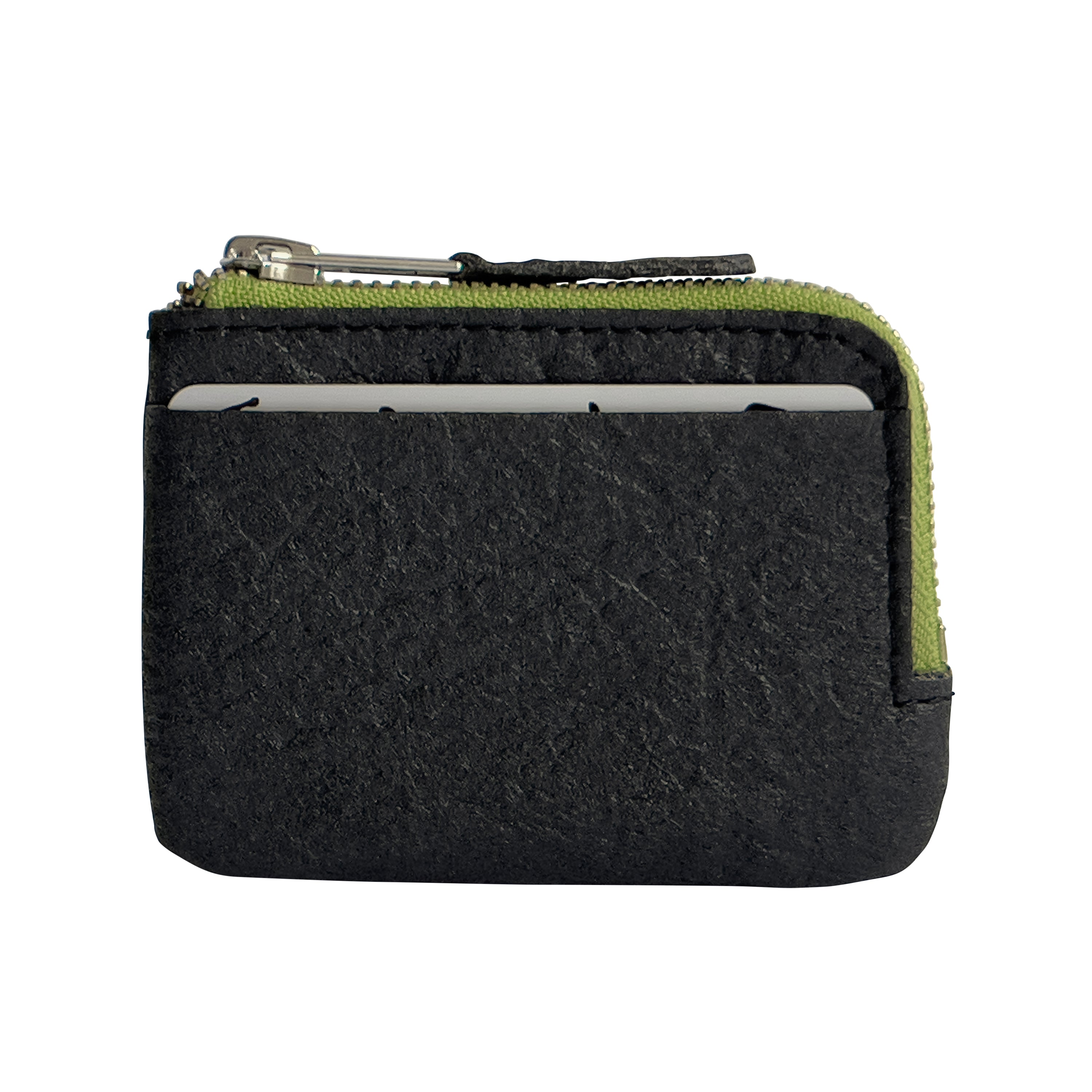 The Zippered Ground wallet from the back with a metal card inside